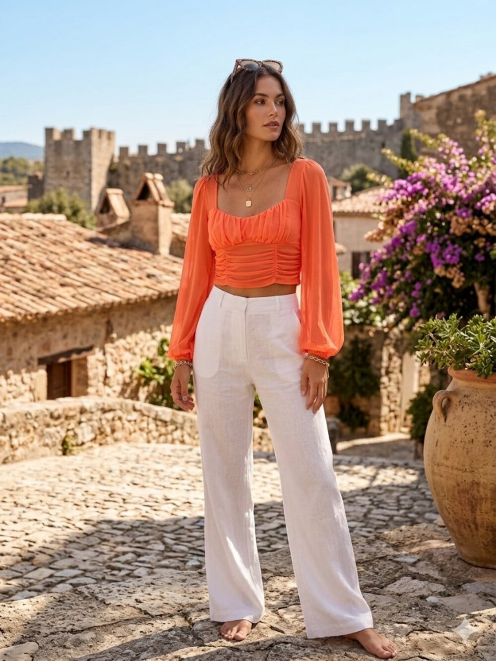 Emory Park Vibrant Orange Ruched Sweetheart Crop Top Sheer Balloon Sleeve S